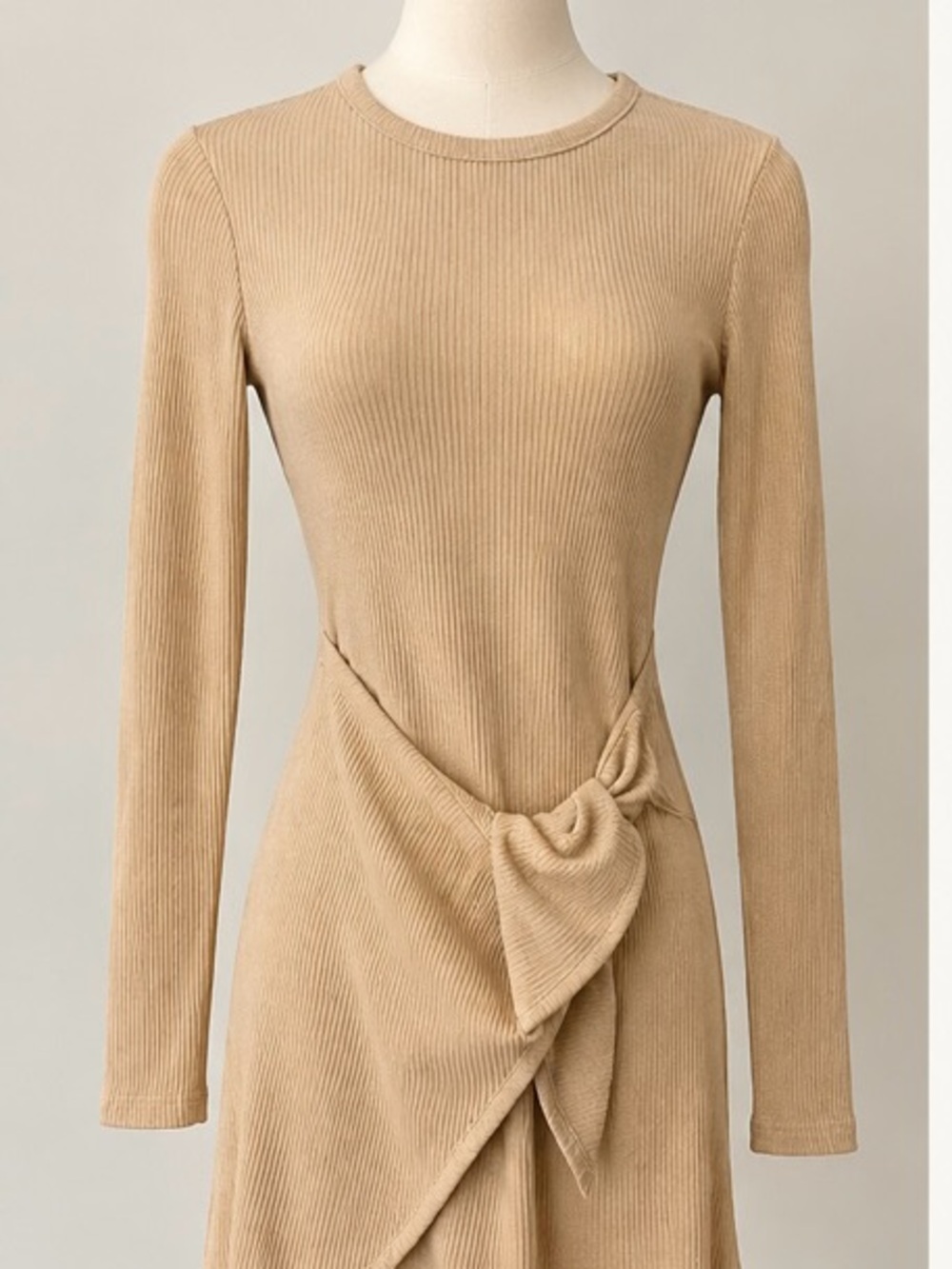 Superdown Beige/Camel Ribbed Long Sleeve Dress with Waist Knot Size XS - NWT